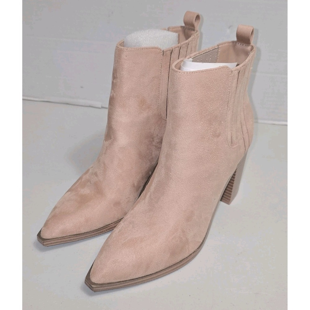 Womens Ankle Boots Slip on Pointed Toe Chunky Block Mid Heel Beige Tan Size 7.5